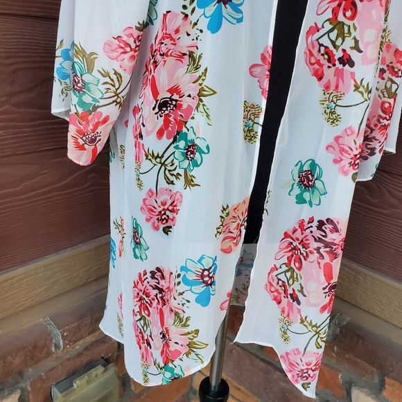 White Coral Blue Green Floral Open Front Kimono Women's Size Medium NWOT - Picture 8 of 13
